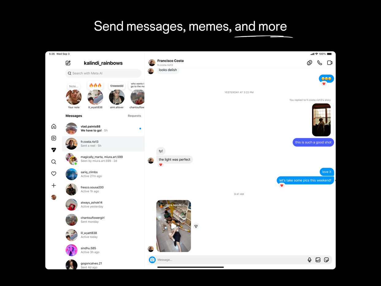 Instagramの公式App Store掲載画面の例。ダイレクトメッセージの会話一覧と会話画面が表示されている。