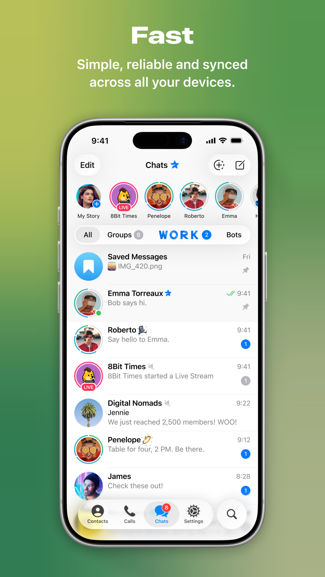 Telegramの公式App Store掲載画面の例。会話一覧が表示されている。